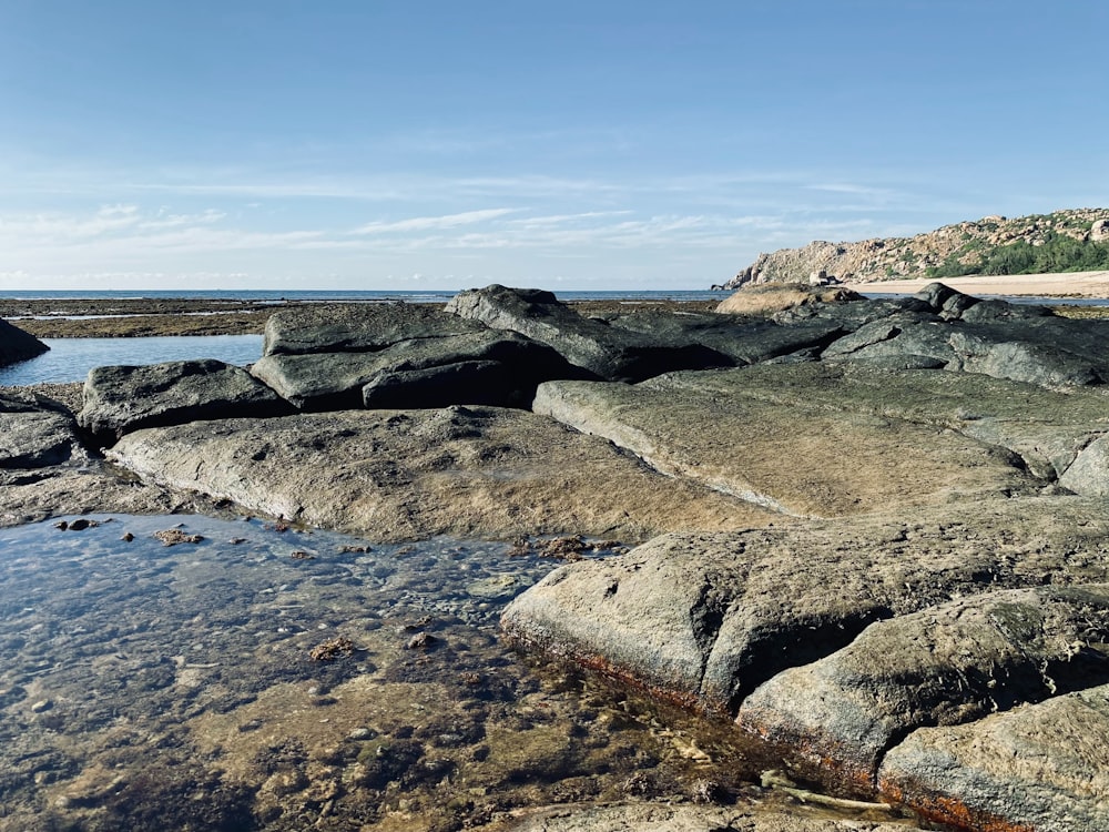 a rocky shore with a body of water
