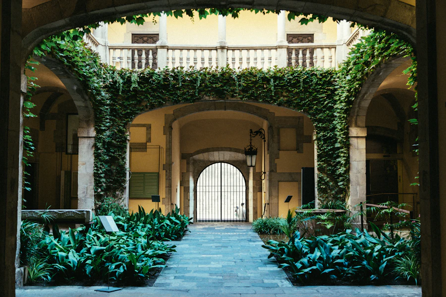 Building facade with plants growing across it