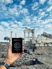 a person holding up a passport in front of ruins