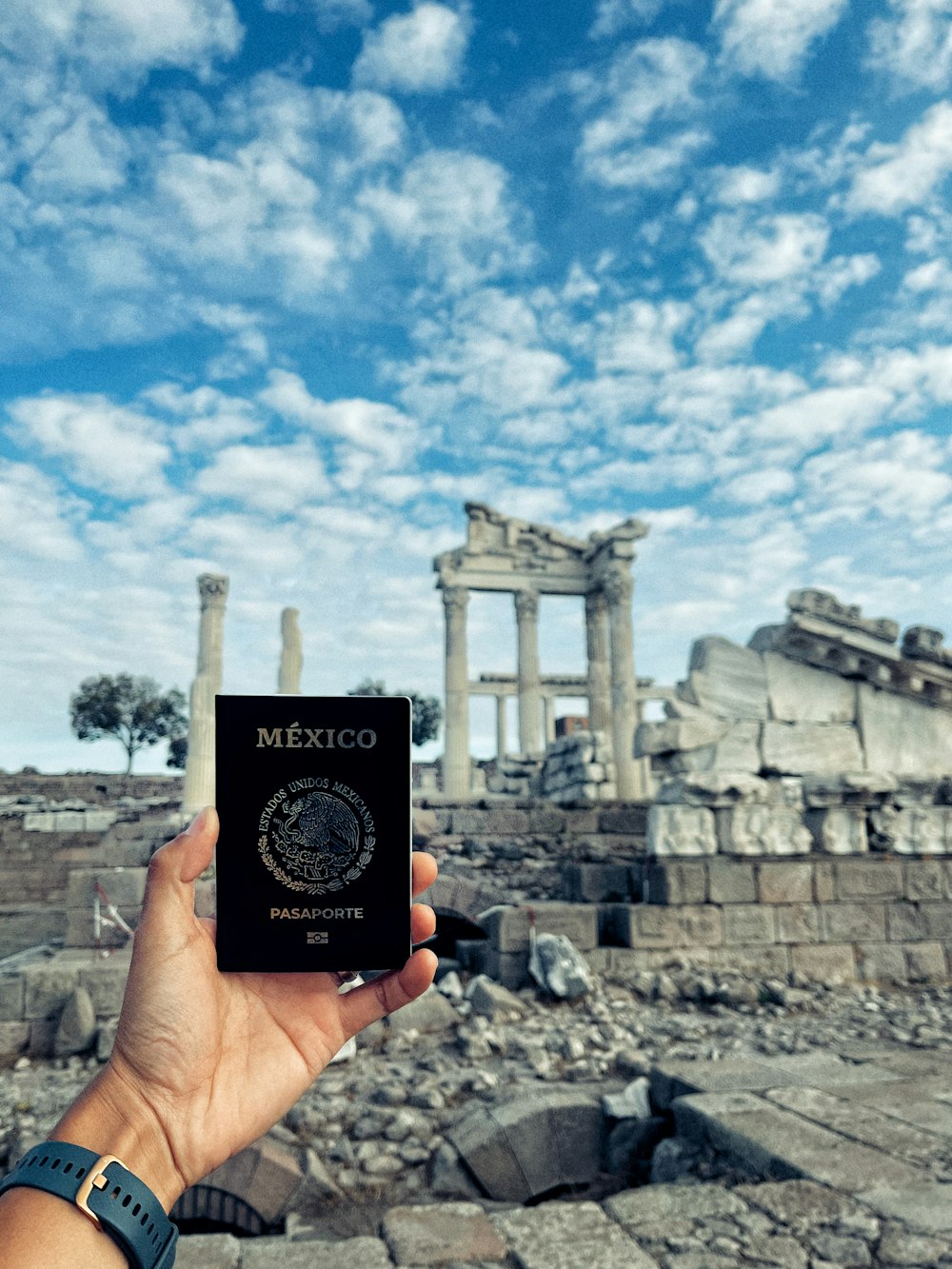 a person holding up a passport in front of ruins