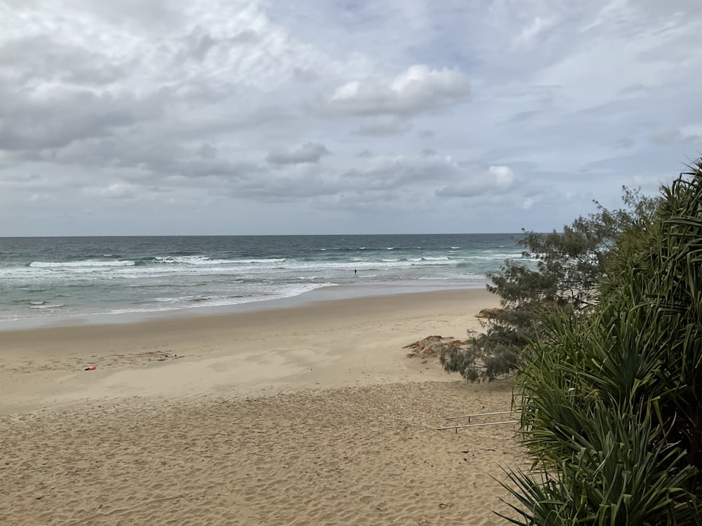 a view of a beach with waves coming in from the ocean