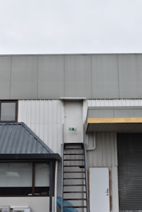 A building exterior features a metal fire escape ladder leading up to a white door with a fire exit sign. The structure includes corrugated metal and a slanted roof over a window. Adjacent to the ladder, there is a closed roller shutter and a standard door.