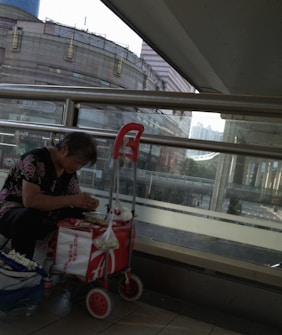 An elderly person is seated on a two-wheeled trolley in an urban environment next to a high wall of windows. They are engaged in an activity with their hands, possibly preparing or eating food. The scene includes a red trolley with various items attached, such as a bag. A large building is visible outside the window.