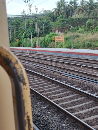 Several railway tracks run parallel alongside a platform with a sign indicating 'Wadakancheri' and a number 19. Lush green vegetation and palm trees are visible in the background, with electric poles along the tracks.