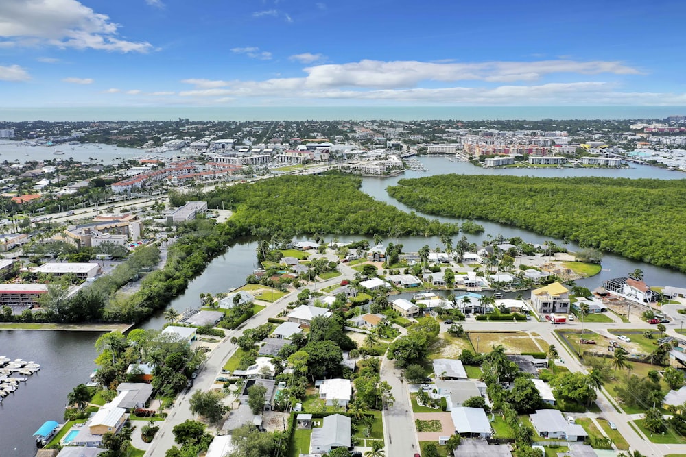 an aerial view of a city and a river