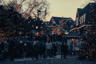 A festive evening scene in Skibby with friends and family gathered around, ready to celebrate the upcoming wedding.
