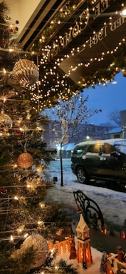 A cozy winter scene with a decorated Christmas tree.