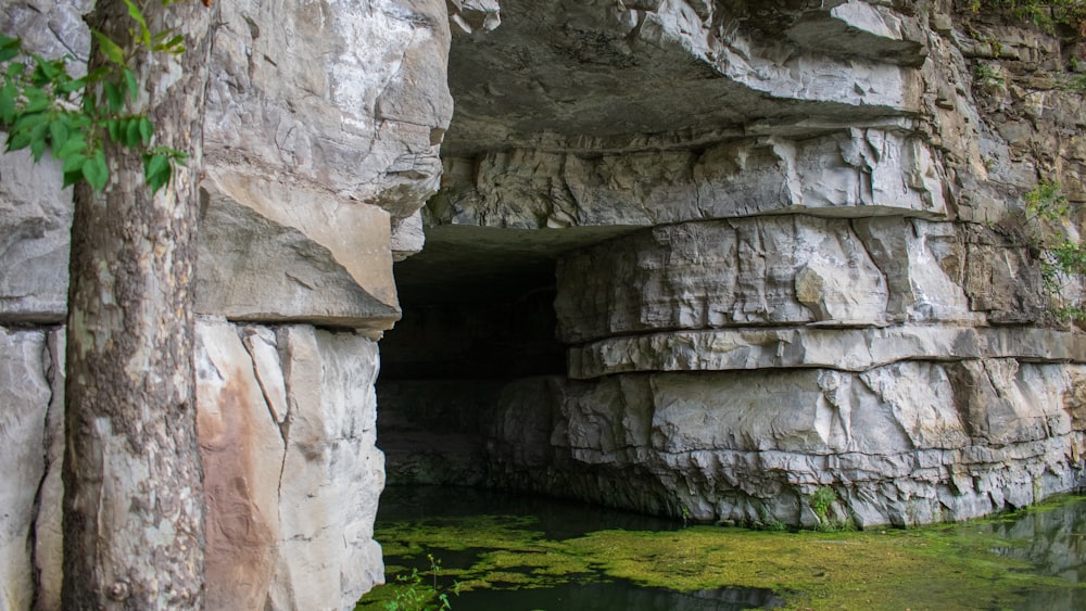 ein Höhleneingang mit Wasser im Inneren