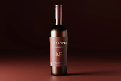 A sophisticated wine bottle with a red label stands upright against a rich, dark brown gradient background. The label features elegant gold lettering with the words 'RED LABEL' and 'MF'. The bottle appears glossy, reflecting light, which enhances its premium appearance.