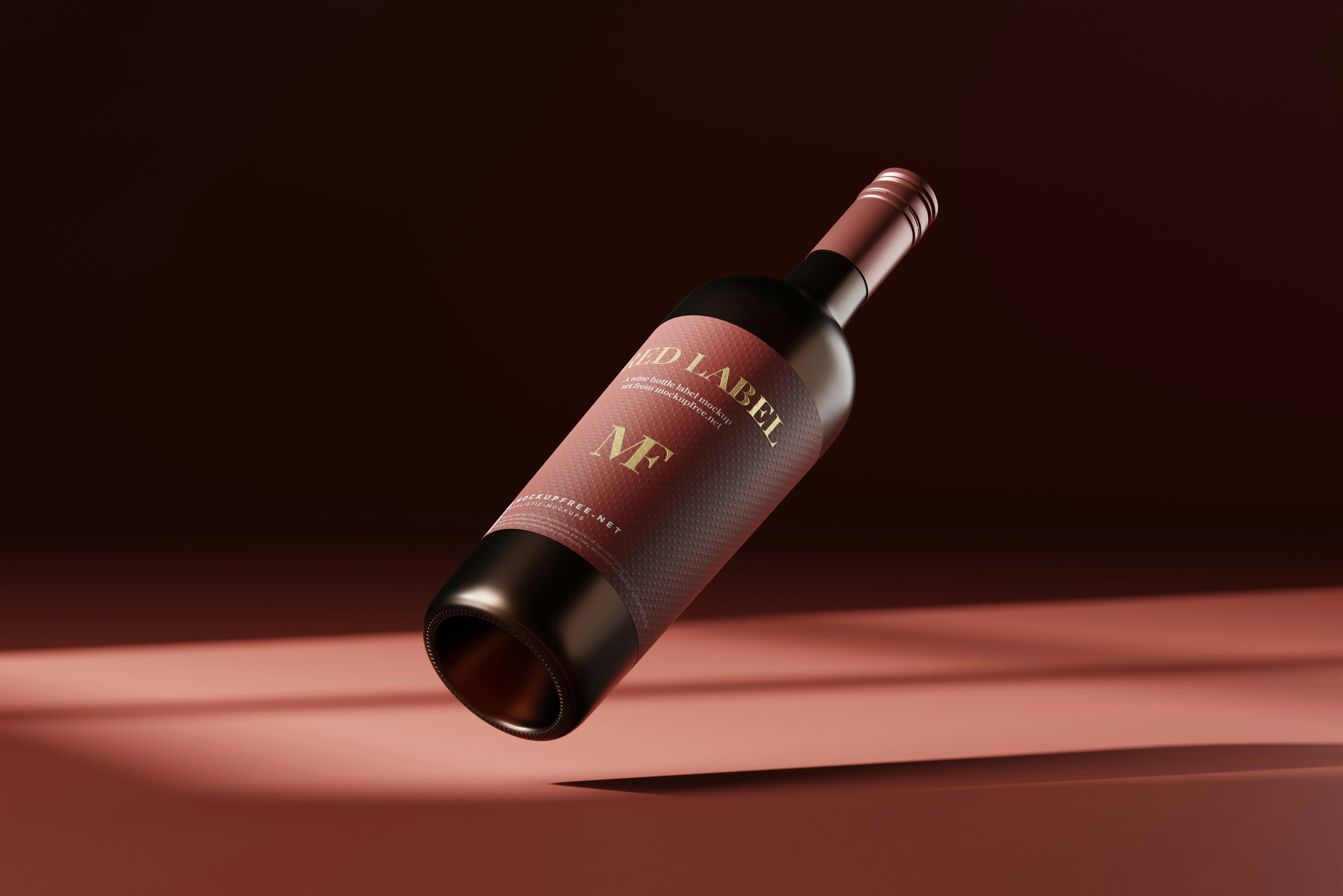 Red Label - Wine Bottle Mockups, A high quality wine bottle mockups set featuring a red color glass wine bottle with a screw cap. Download PSD version of this wine bottle mockup for free from Mockup Free : https://mockupfree.net/