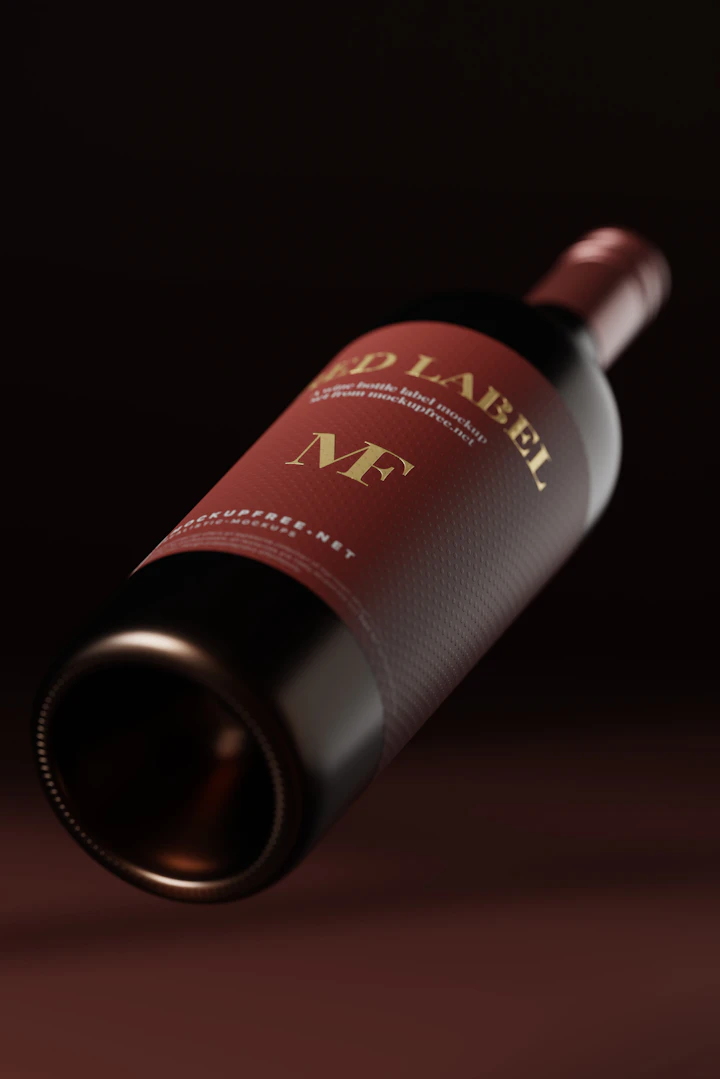 A bottle of red wine photographed against a black studio background