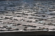 A close-up view of an old, weathered tiled roof covered with patches of moss. The tiles are arranged in a diamond pattern, with prominent growth of moss in various shades of green and brown. The surface appears uneven, indicating aging and natural wear.