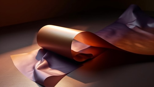 A piece of paper or fabric gently curled and folded on a surface, illuminated by warm and subtle lighting. The surface reflects light, creating soft shadows and highlights. The material has a metallic or silky appearance with smooth textures.