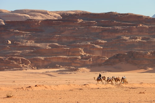 A group of people riding camels traverses a vast, sandy desert landscape. In the background, there are large, rugged rock formations with layered textures and shadows cast by the sunlight. The scene is tranquil and expansive, depicting the arid environment and the nomadic journey through the desert.