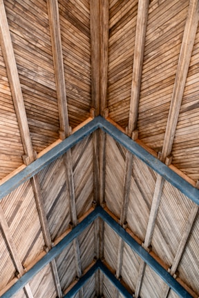 A ceiling made of slanted wooden planks arranged in a chevron pattern, supported by darker wooden beams crossing each other to form triangles.