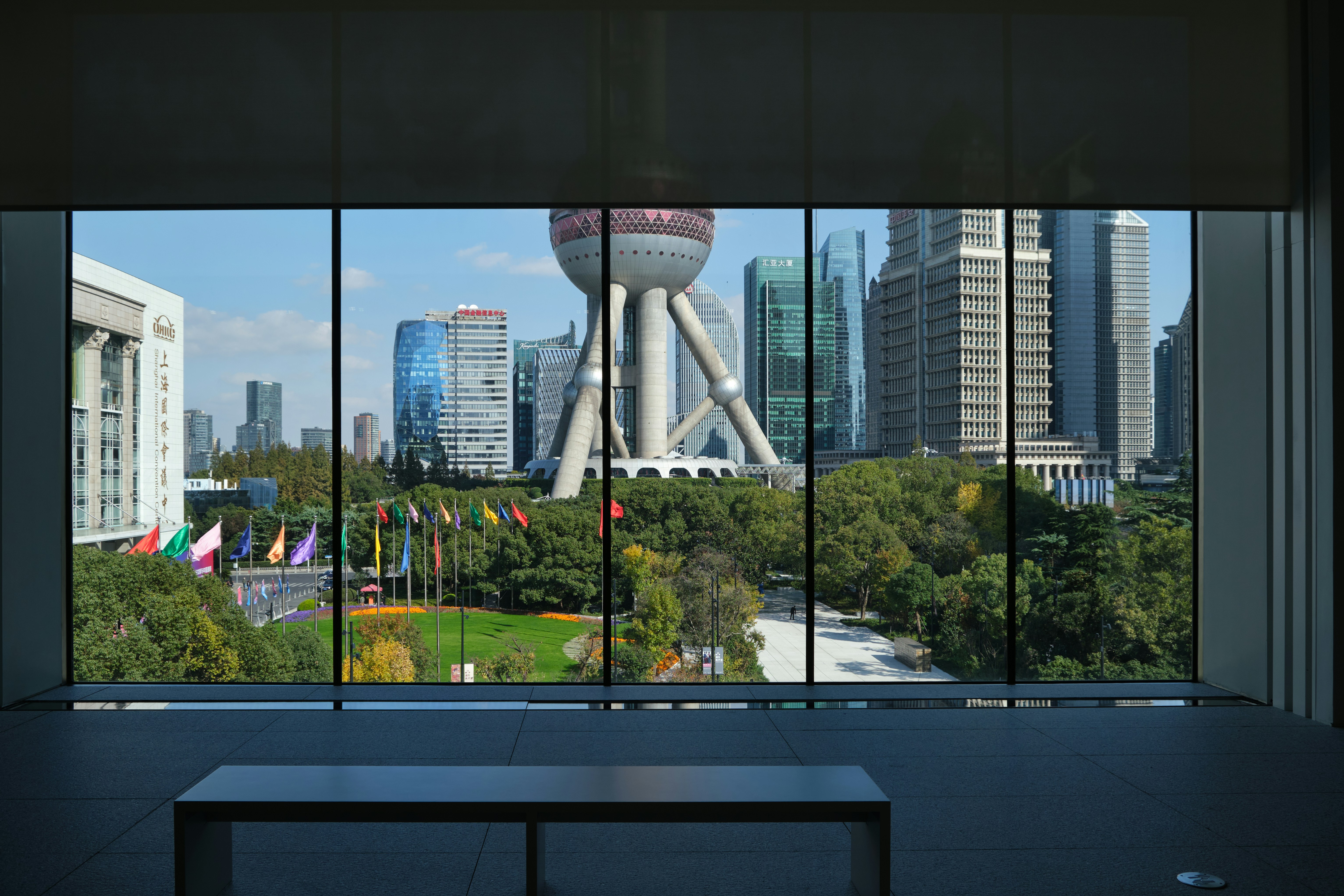a large window with a view of a city
