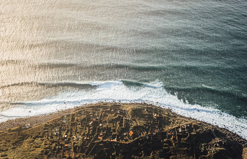 an aerial view of a beach and ocean