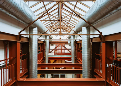 a view of a building from the top of the stairs