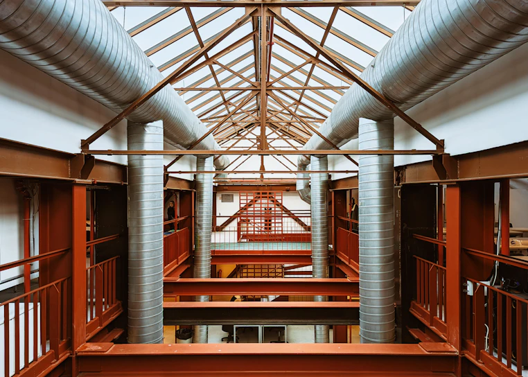 a view of a building from the top of the stairs