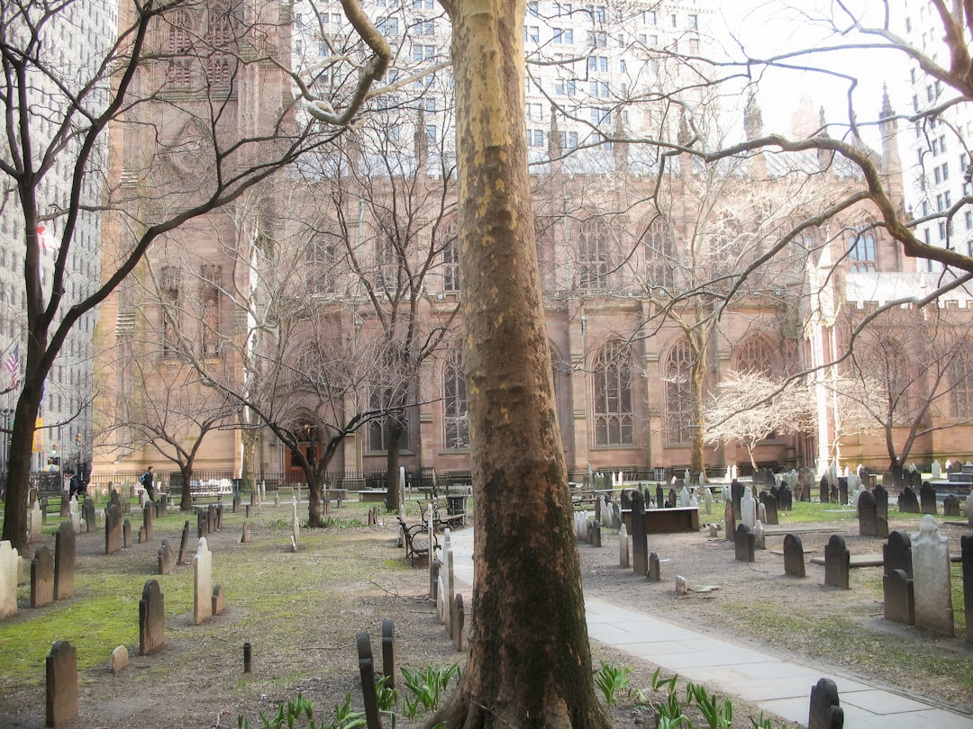 a cemetery in front of a large building,