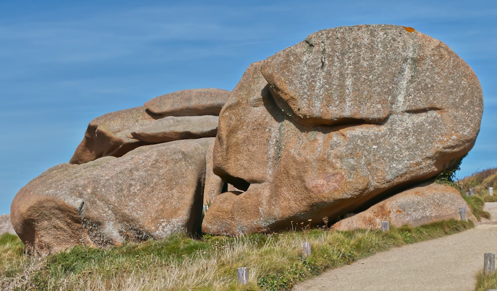 a large rock sitting on top of a lush green hillside