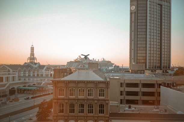 a view of a city with a cruise ship in the background