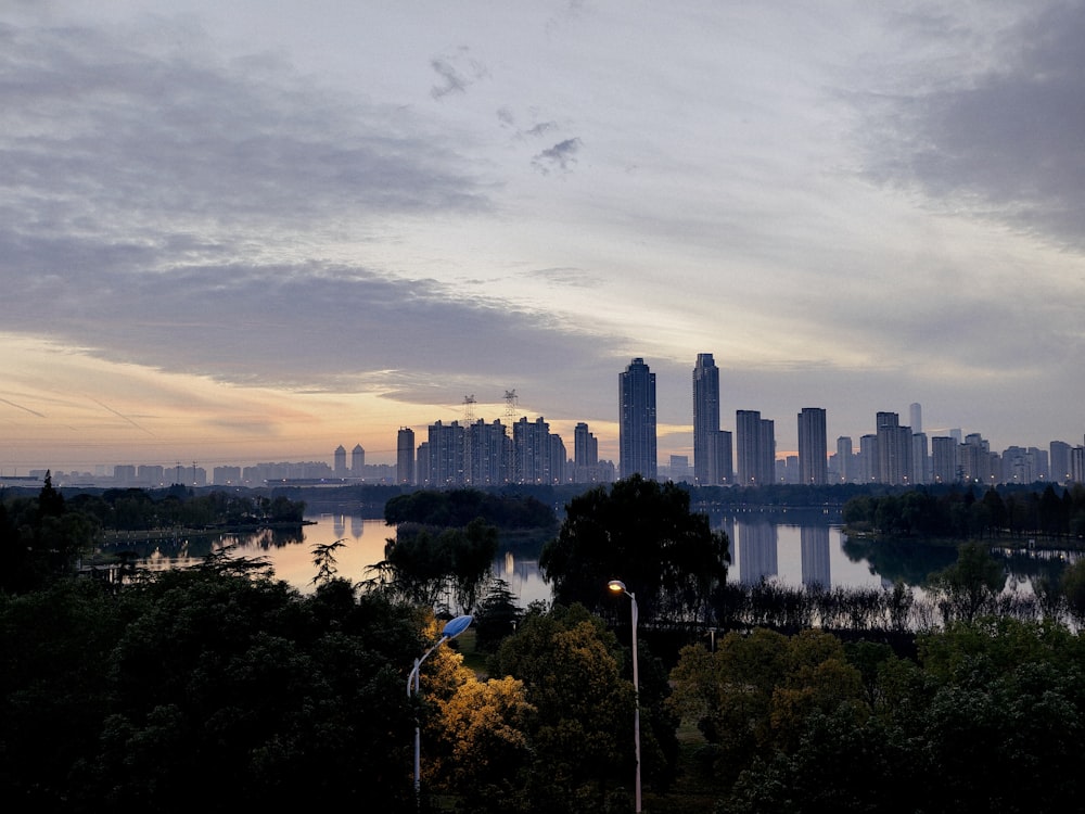 a view of a city with a lake in the foreground