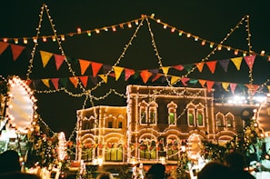 Colorful decor and lights illuminating the festival.
