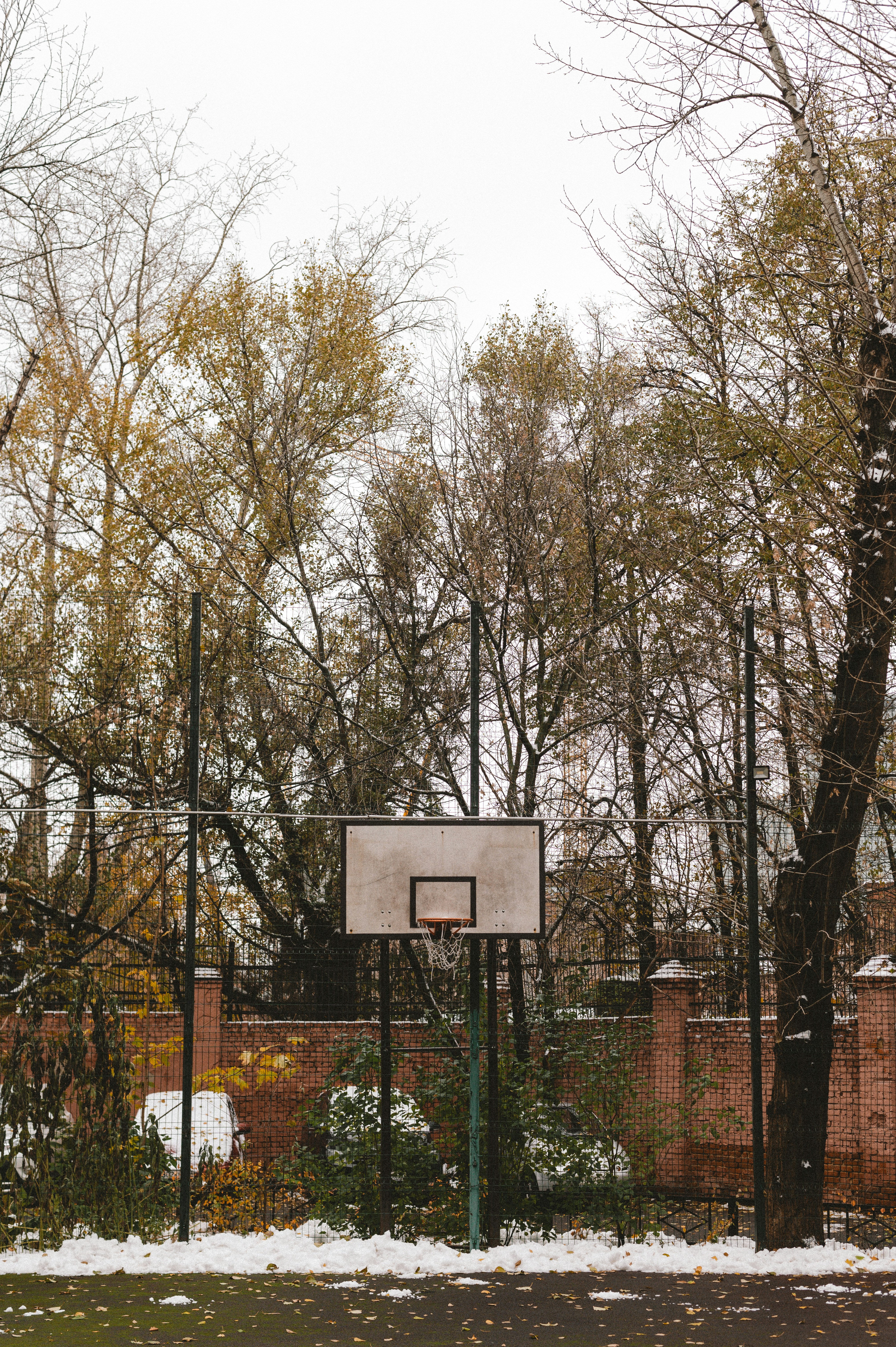 Un panier de basket au milieu d’un parc enneigé