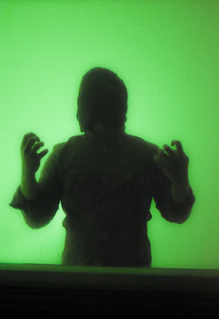 Silhouette of a person standing against a black background with subtle green neon glow.