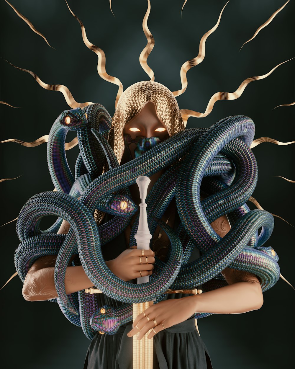 a woman with a large snake wrapped around her head