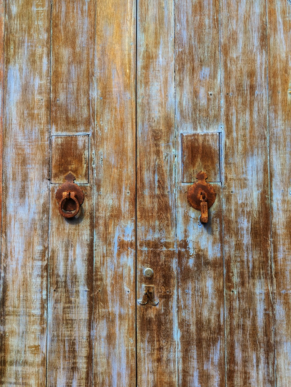 a close up of a wooden door with two locks