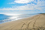 A breezy California beach scene with footprints leading to the sparkling ocean under a clear blue sky.