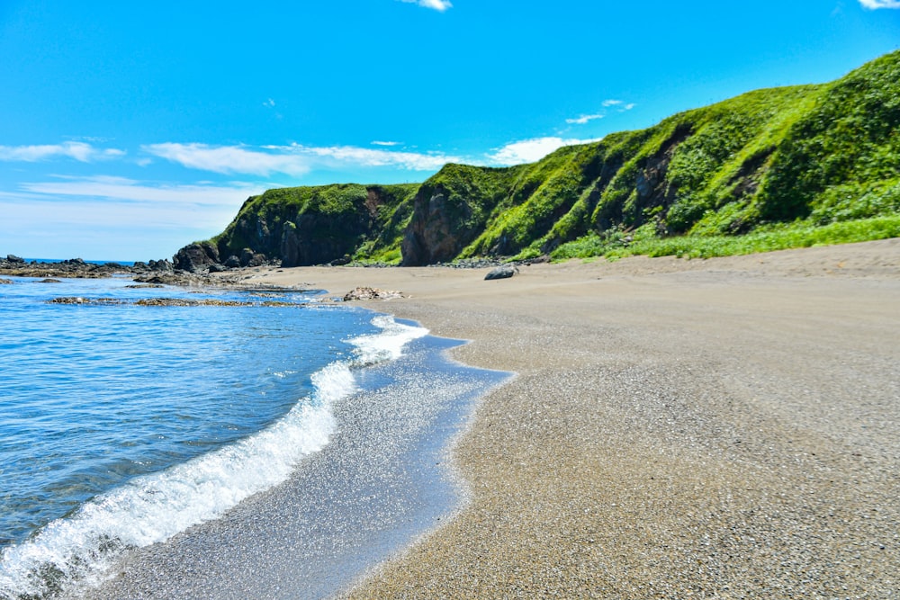 une plage de sable avec des vagues qui arrivent sur le rivage