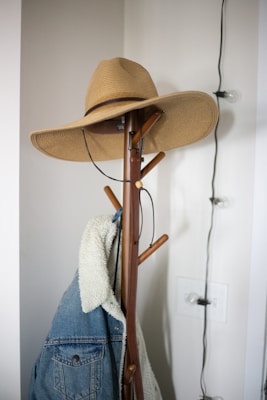 A stylish wool fedora perched on a vintage coat rack by a sunlit window.