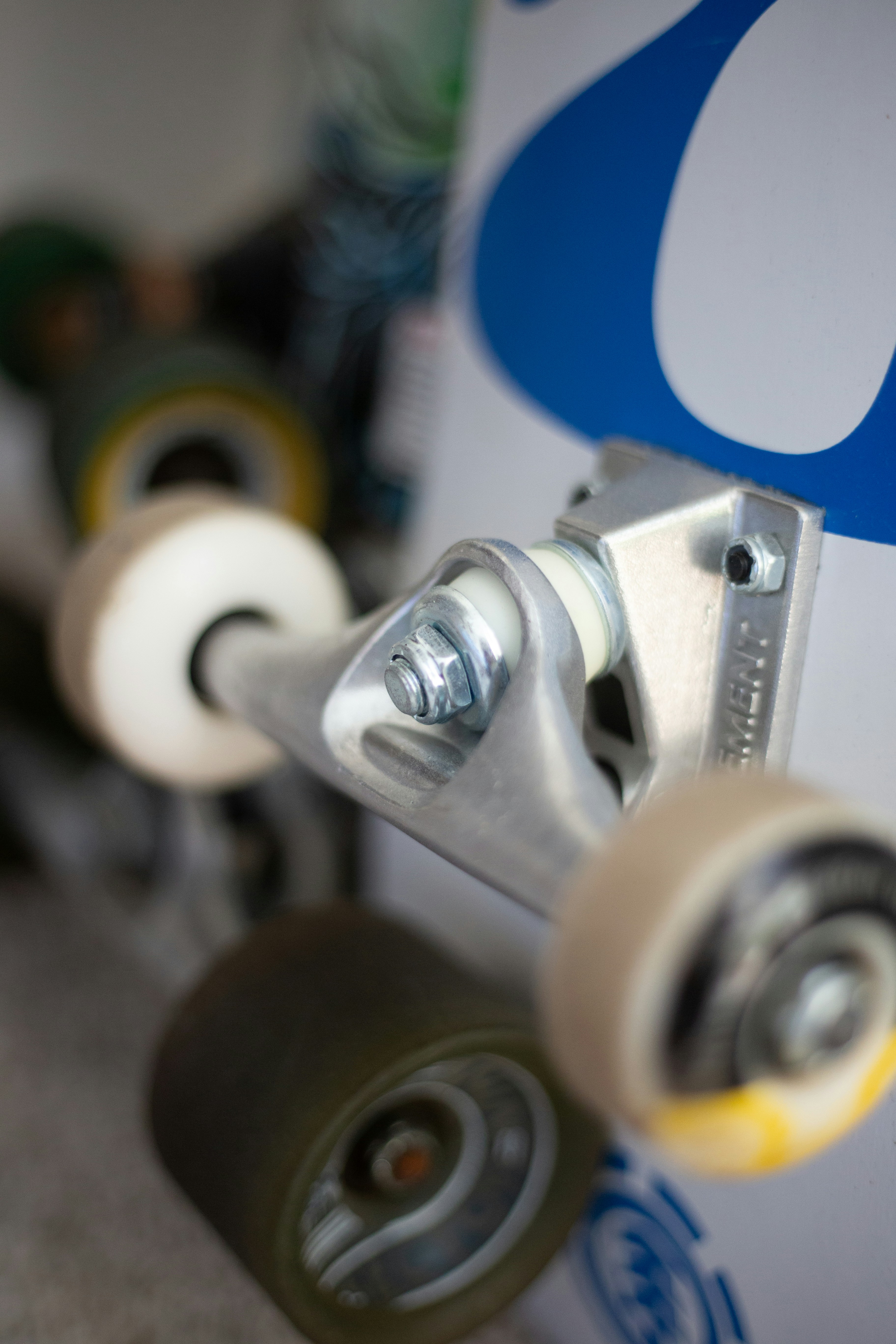 a close up of a skateboard with two wheels