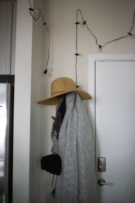 Wall-mounted coat rack with hanging jackets and hats in a bright entryway.