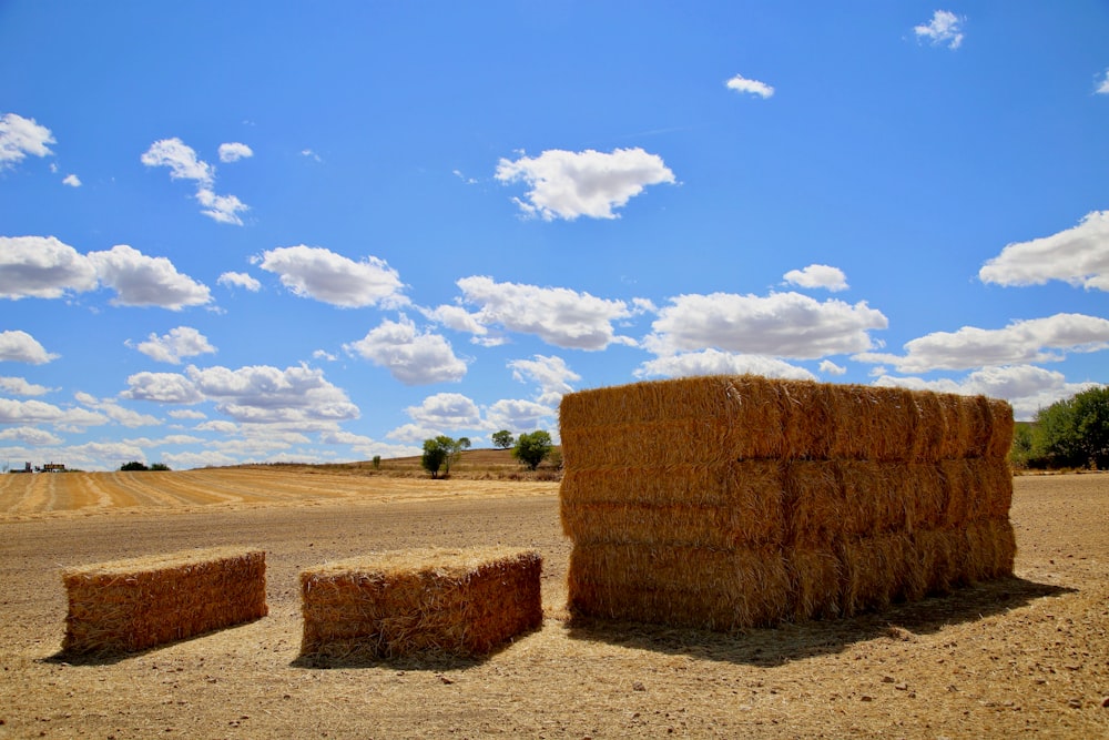 two bales of hay sitting in the middle of a field