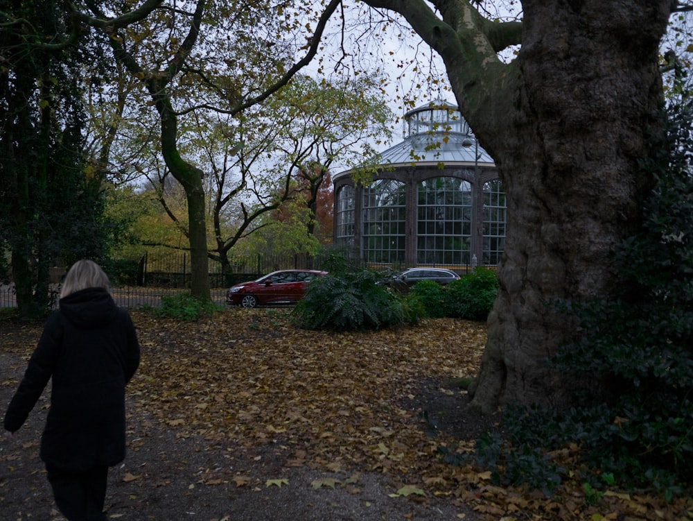 a woman walking down a leaf covered path