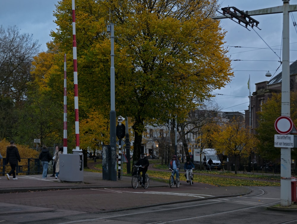 a group of people riding bikes down a street