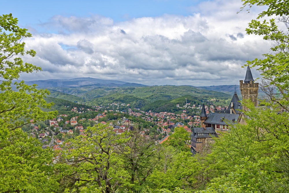 a scenic view of a town surrounded by trees