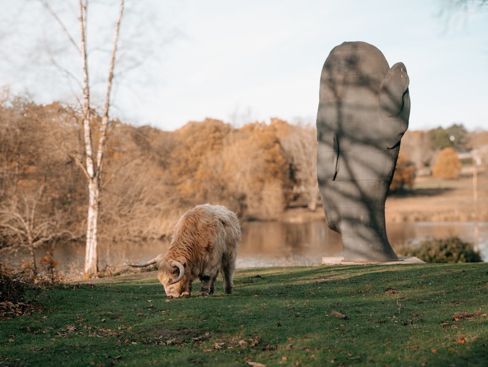 a sheep grazing in a field next to a statue