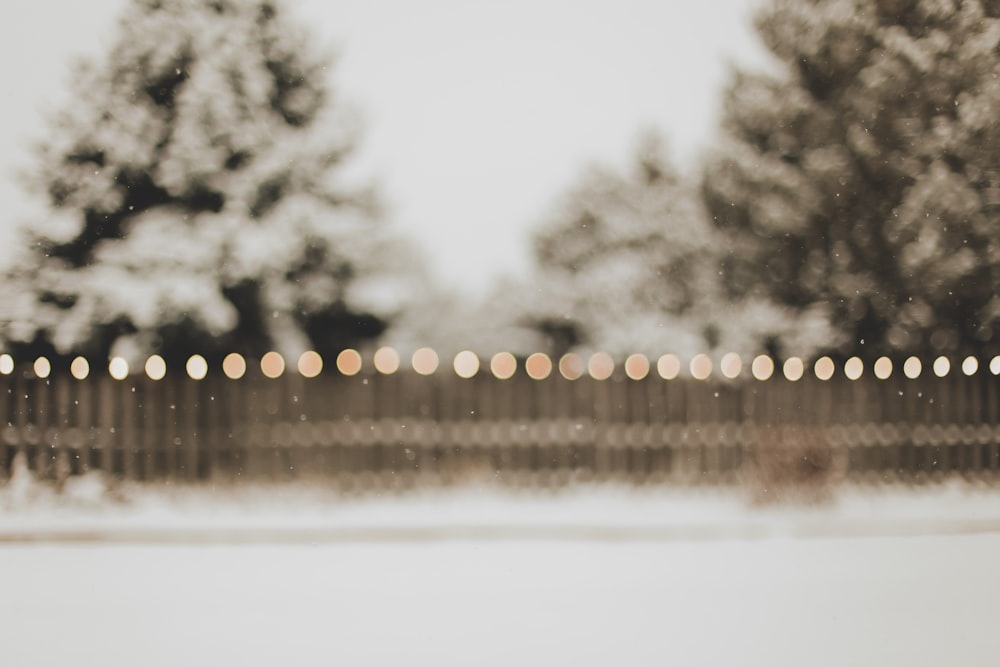 a blurry photo of a fence in the snow