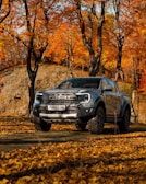 A rugged pickup truck with earthy tones, showcased against a backdrop of autumn trees.