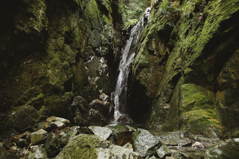 a small waterfall is surrounded by mossy rocks