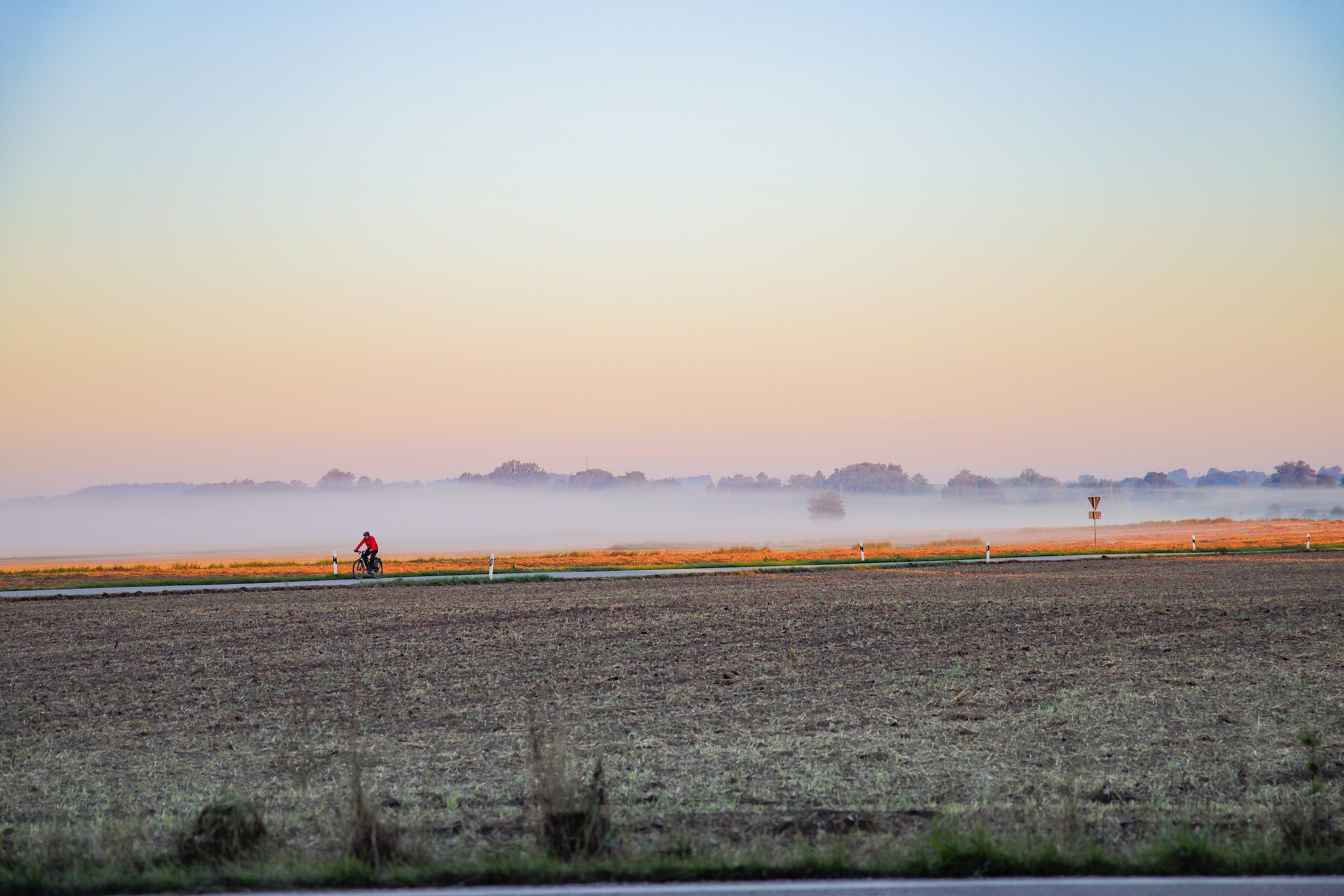 eine Person, die mit einem Fahrrad auf einer Straße in der Nähe eines Feldes fährt