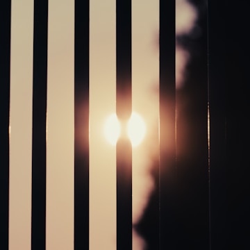 The sun is seen through vertical window blinds, casting shadows and creating a warm glow. The sunlight is diffused through the slats, and a soft gradient of light and shadow is present.