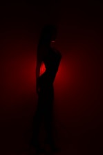 A shadowy silhouette of a dominatrix holding a riding crop, backlit with moody red lighting.