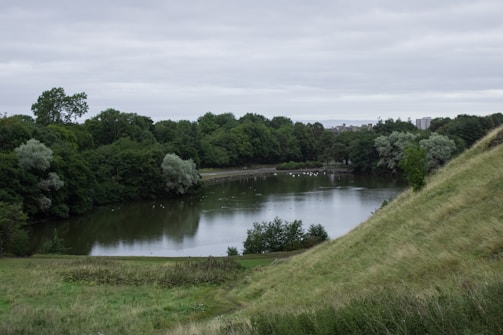 A small lake surrounded by green fields and open land.