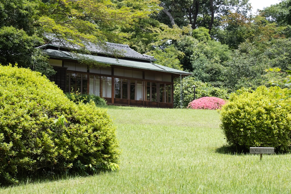 una pequeña casa en medio de un exuberante campo verde